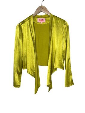 Rezek Studio Yellow Green Satin Long Sleeve Open Front Jacket XS